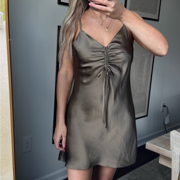 RESET Dresses & Skirts - Sleek Satin Ruched Olive Green Midi Slip Flowy Dress